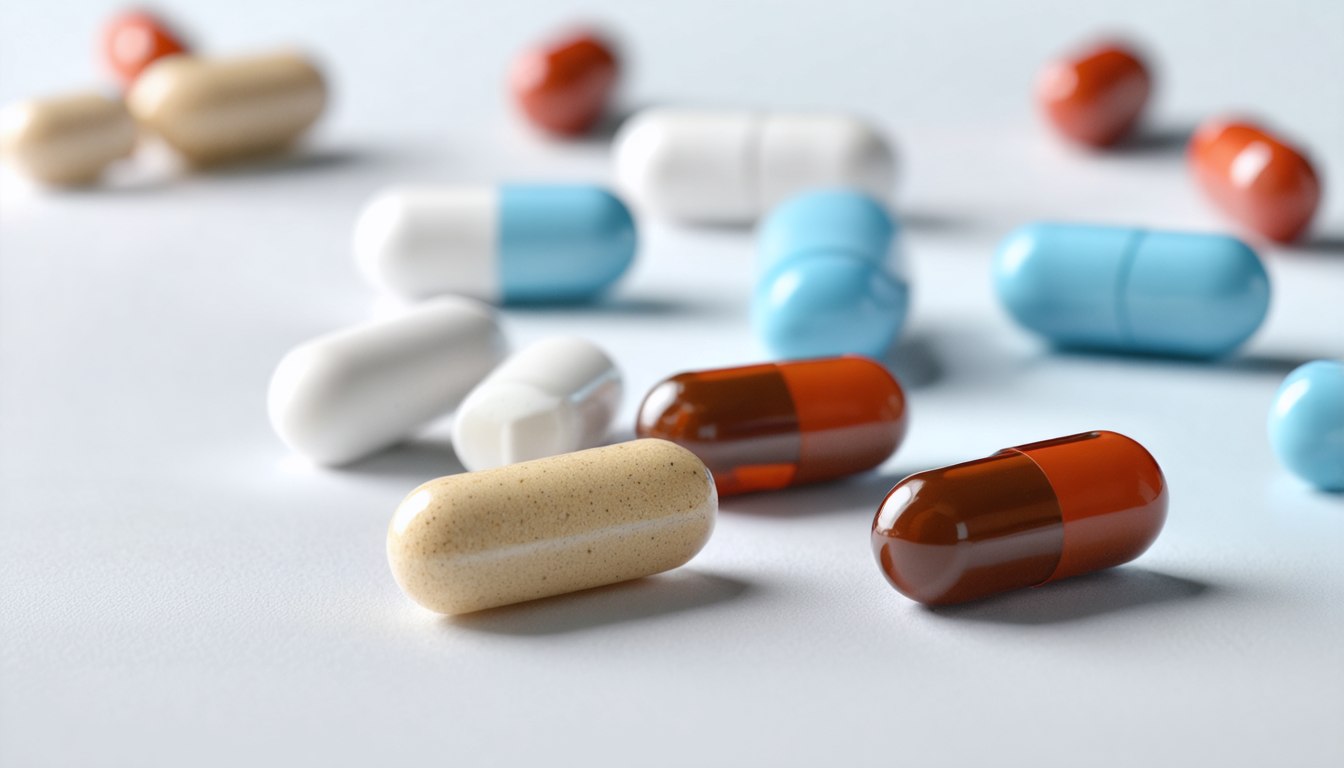 Bottles of potency improvement supplements with natural ingredients like ginseng and zinc on a table, symbolizing male sexual health support